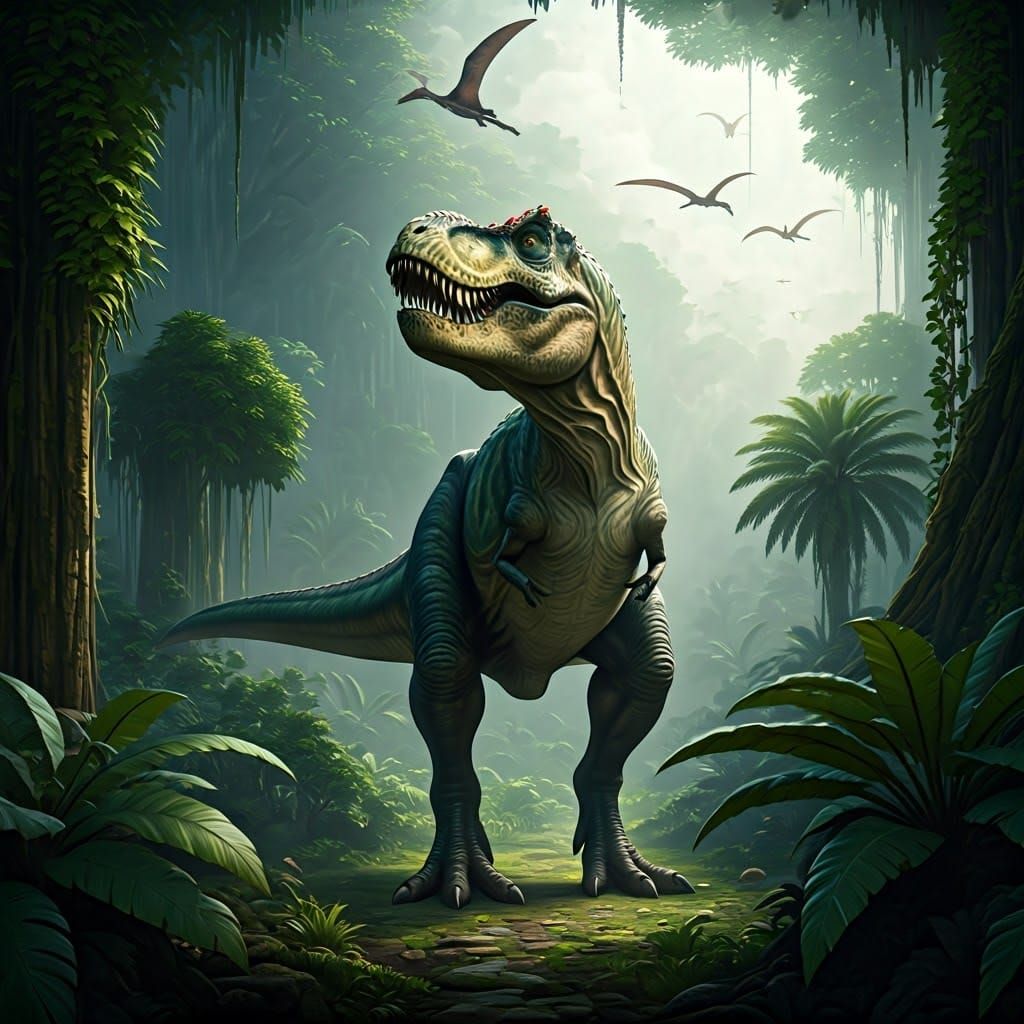 T-Rex in Jungle with Flying Dinosaurs