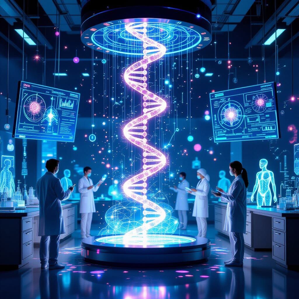Futuristic Lab Manipulates Glowing DNA in Ethereal Light