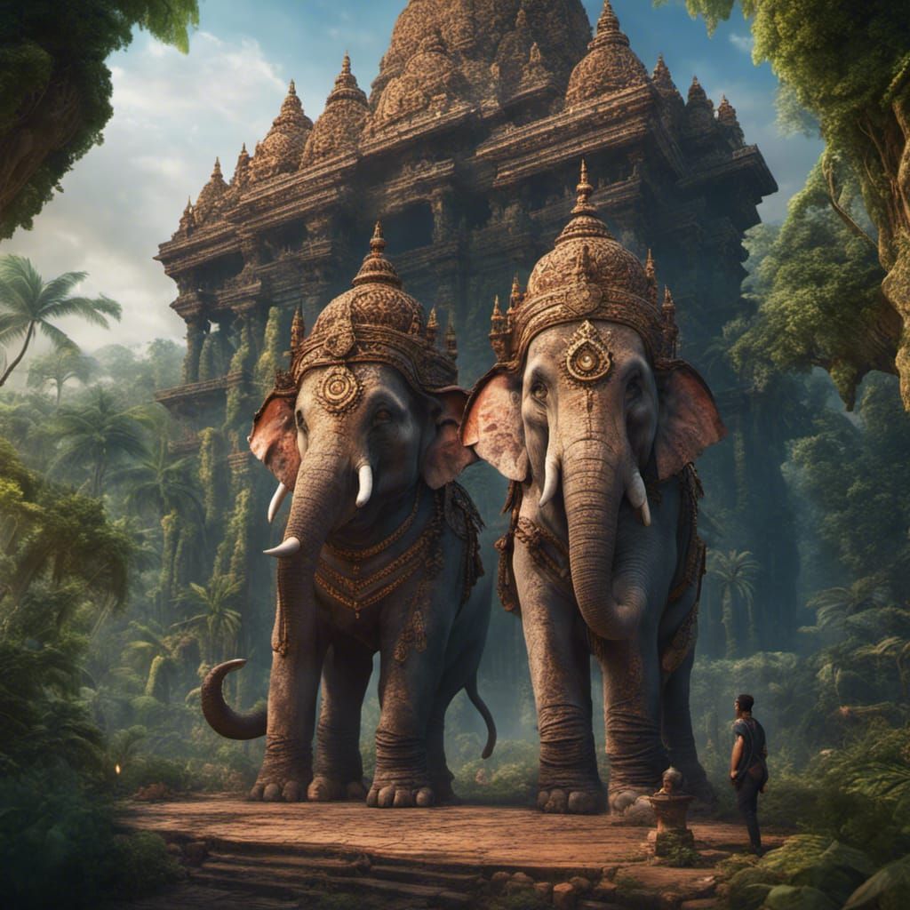 Hindu Temple in Jungle with Elephants: Fantasy Art