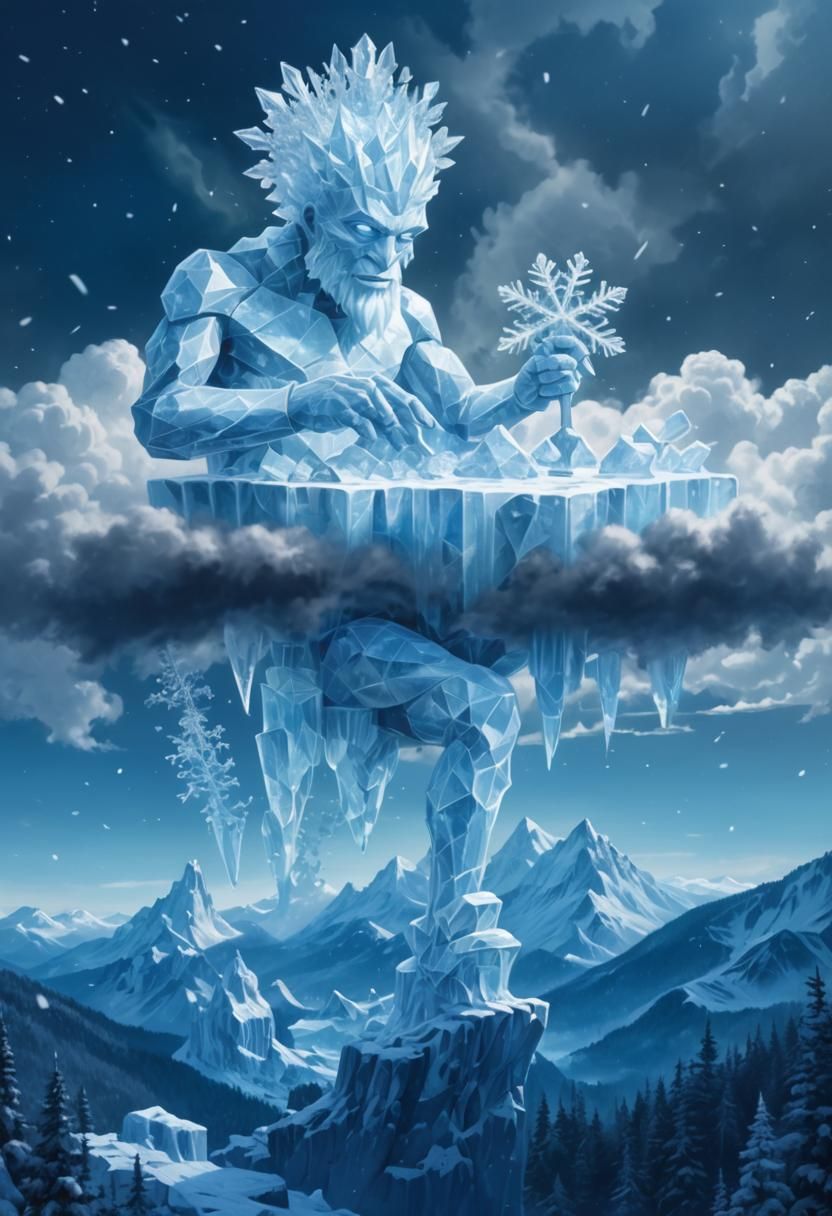 Ice Golem Chisel Snowflakes in Winter Cloudscape