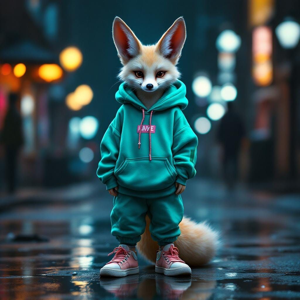 Fennec Fox in Streetwear, Photorealistic Digital Art