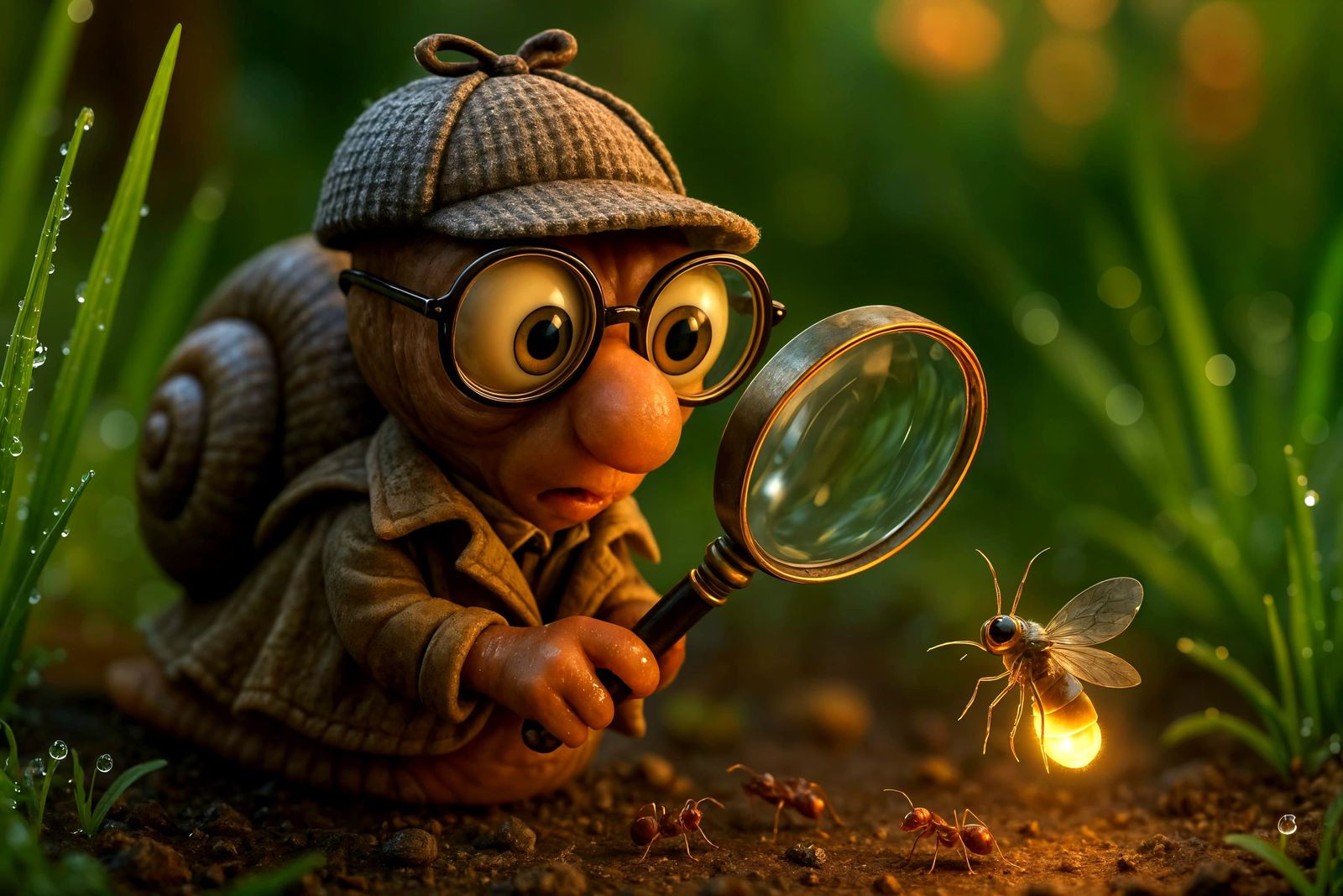 Snail Detective Investigates Glowing Insect: CGI Illustratio...