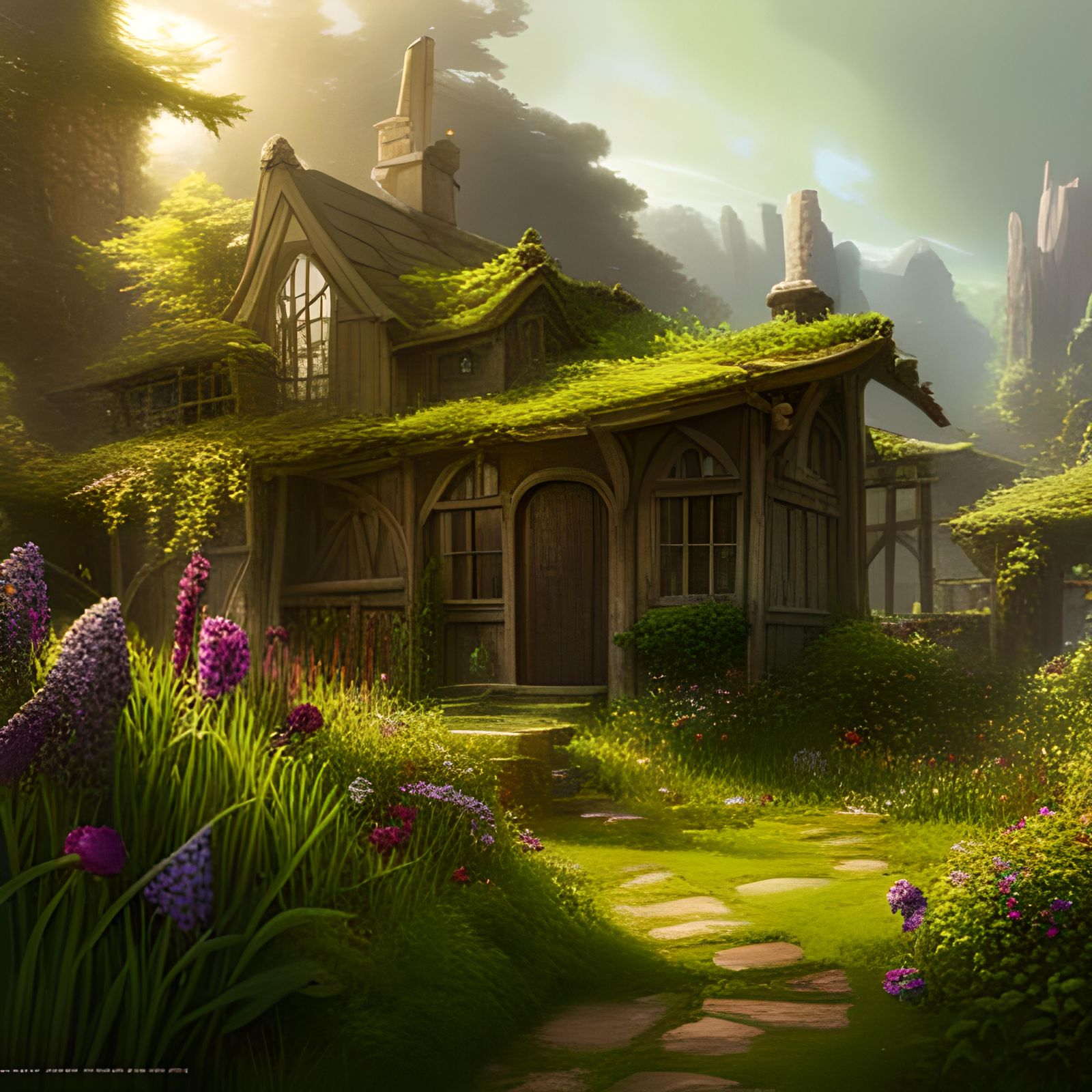 Cottagecore Cottage in Lush Bog Garden, Hyperdetailed Art