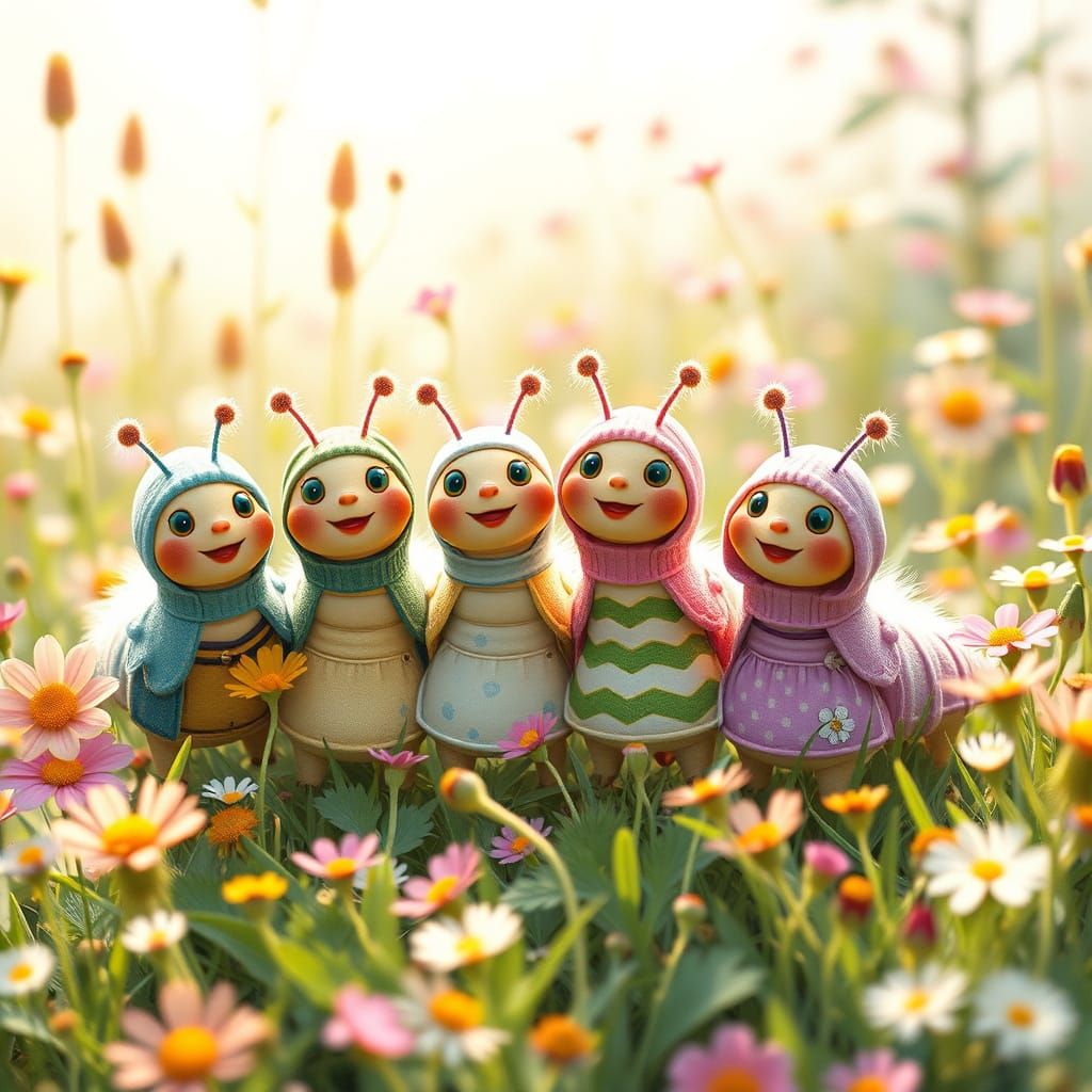 Caterpillars' Gathering in Lush Meadow, Storybook Style