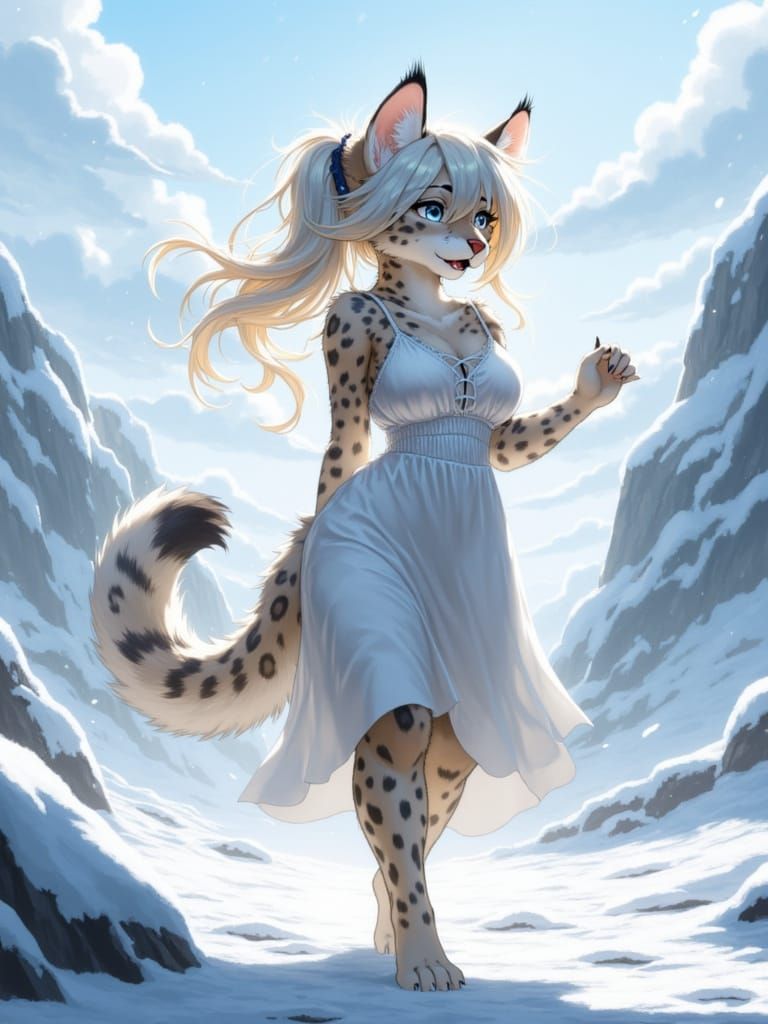 Ethereal Furry Snow Leopard in Sundress Strolls Through Bliz...