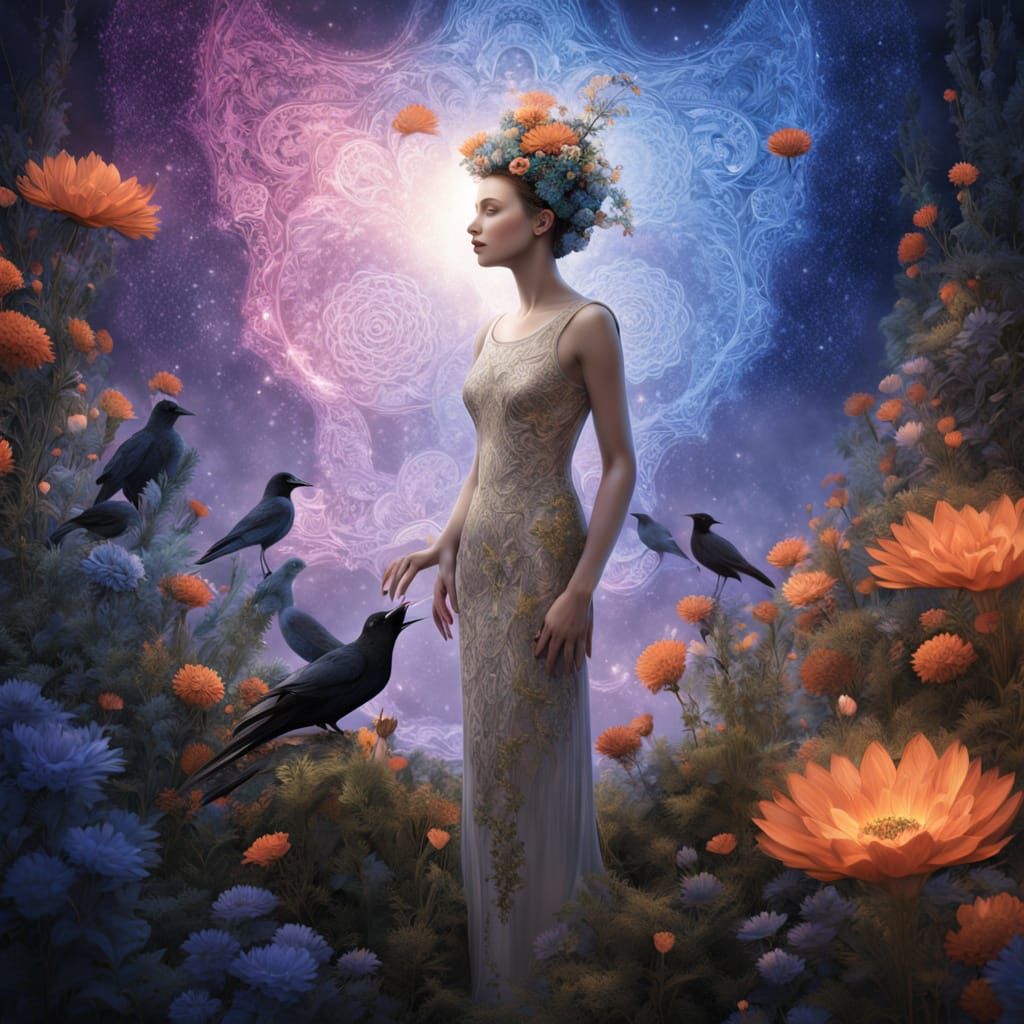 Ethereal Woman Transforms into Iridescent Birds Amidst Cosmi...