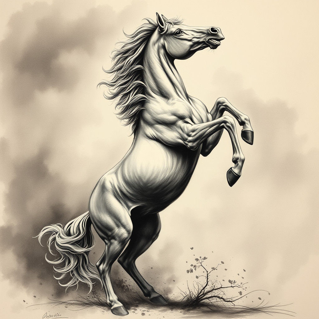 Majestic Horse Rearing: Charcoal Drawing in Baroque Style