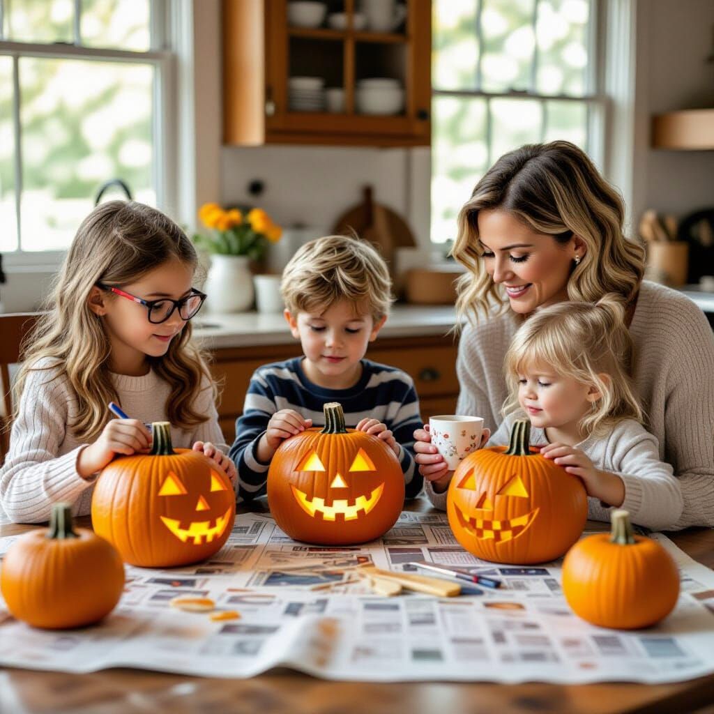 Family Carves Pumpkins Together in Whimsical Style