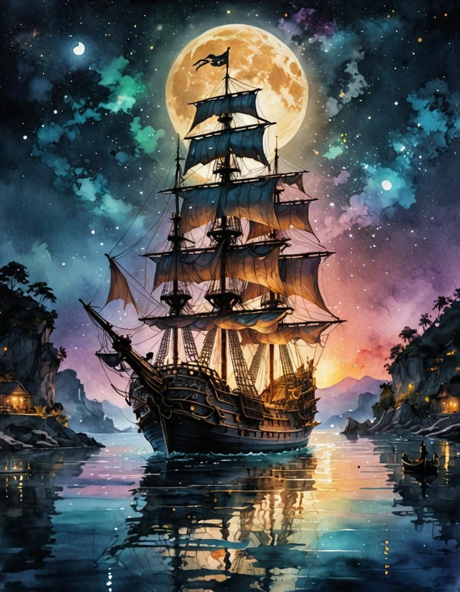 Pirate Ship at Sunset in Digital Watercolor