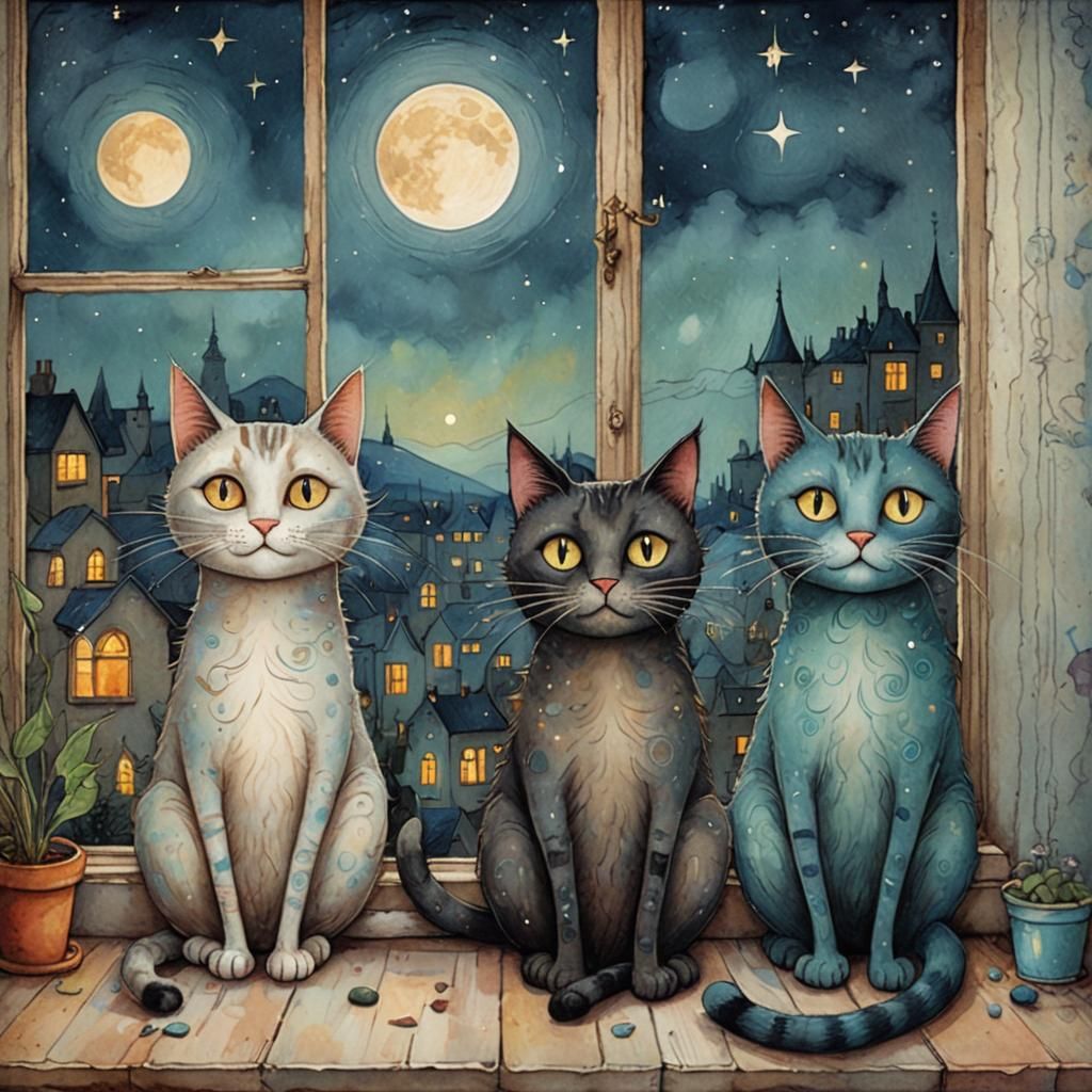 Whimsical Cats on Windowsill in Magical Moonscape