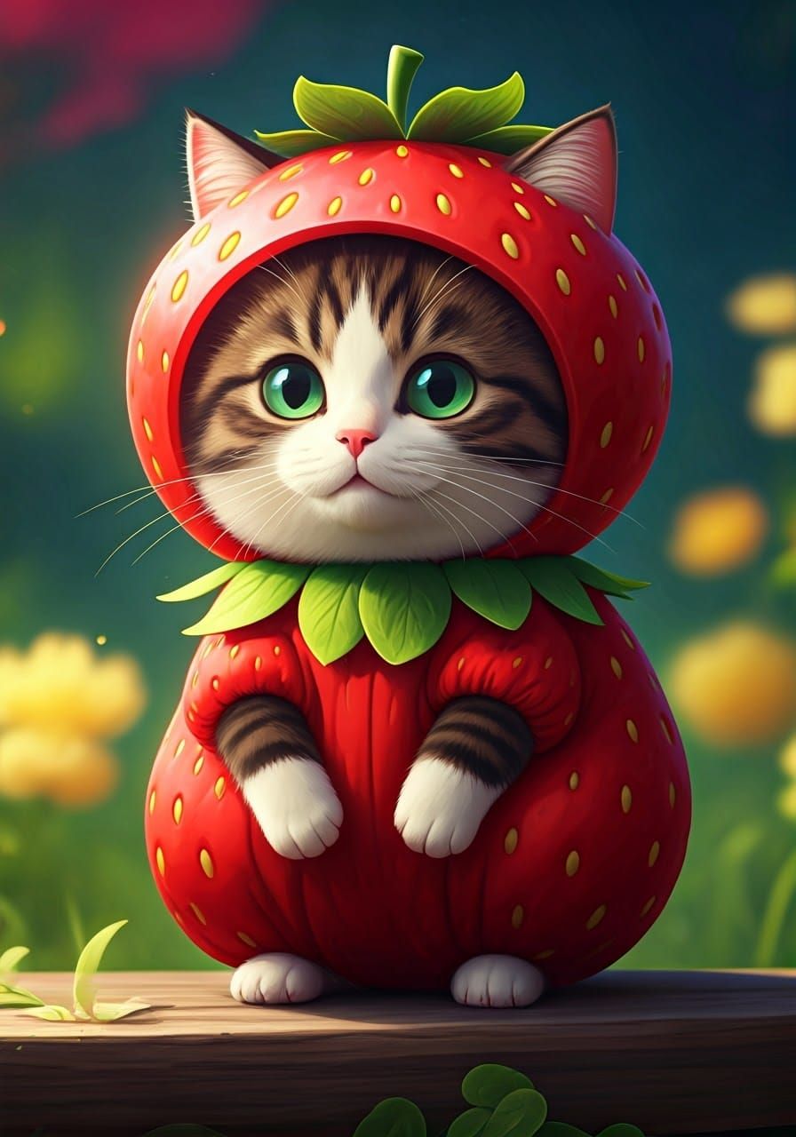 Adorable Cat in Strawberry Costume: Anime 3D Art