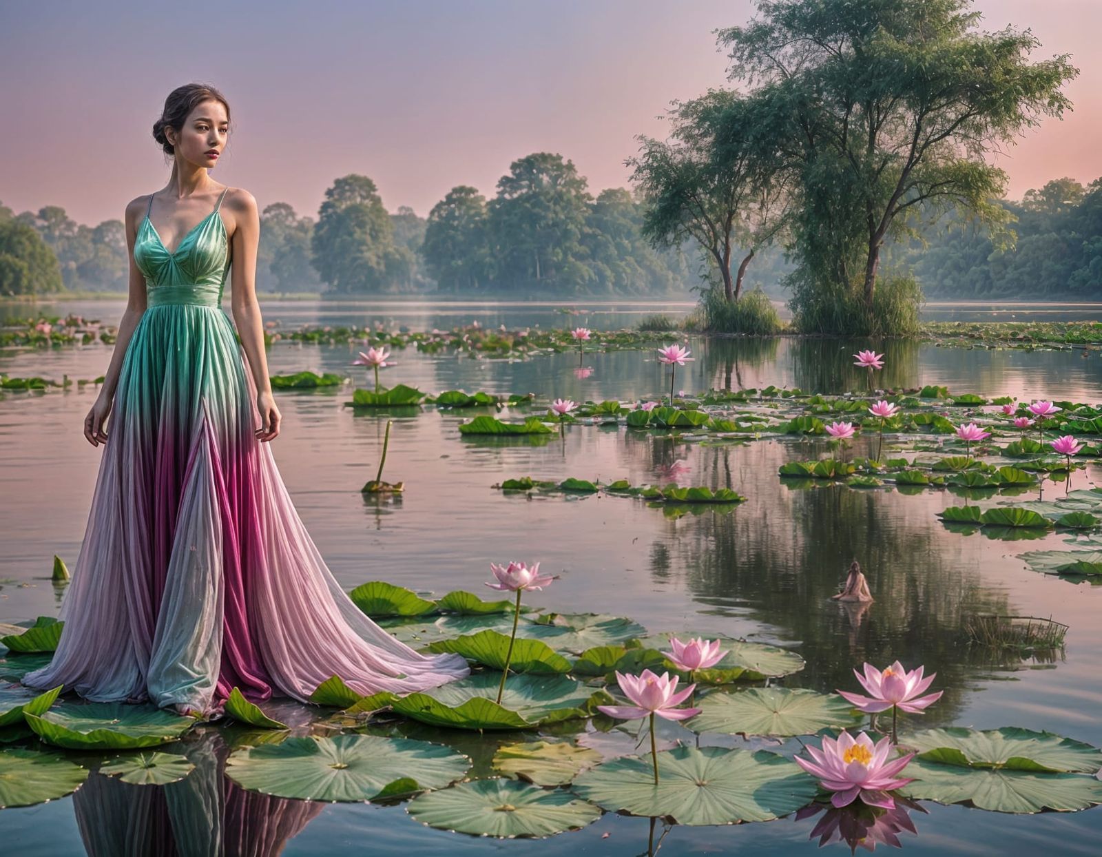 Ethereal Girl in Pastel Gown by Lotus Lake