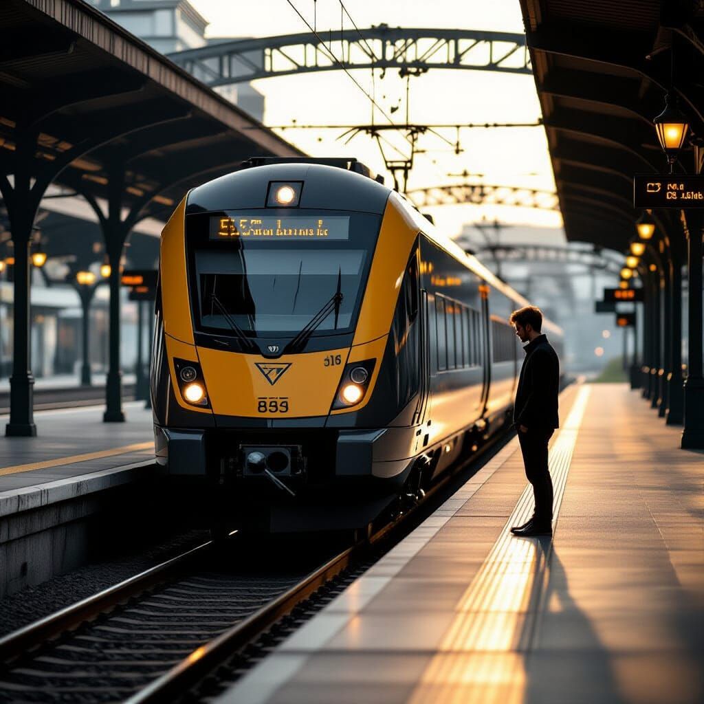 Man Steps Off Train into Golden Light at Calm Station