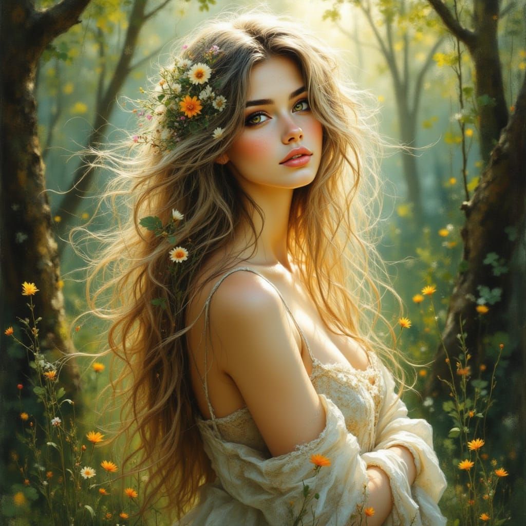 Romantic Impressionist Portrait of Woman with Wildflowers