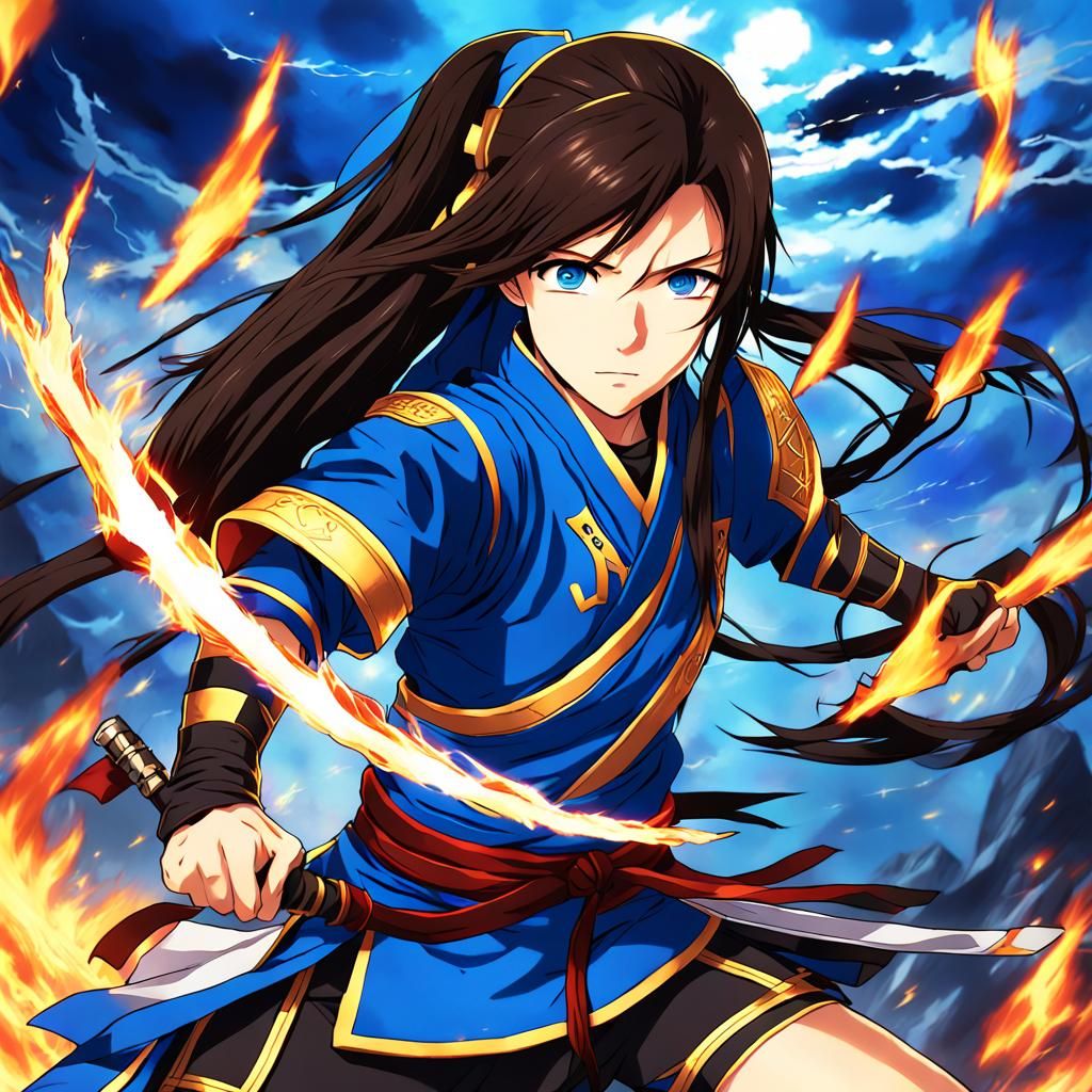 Anime Ninja Warrior Woman with Fire and Lightning
