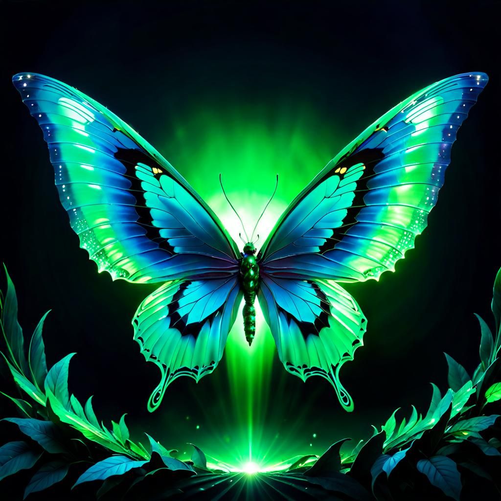 Emerald Butterfly with Sparkling Wings at Night
