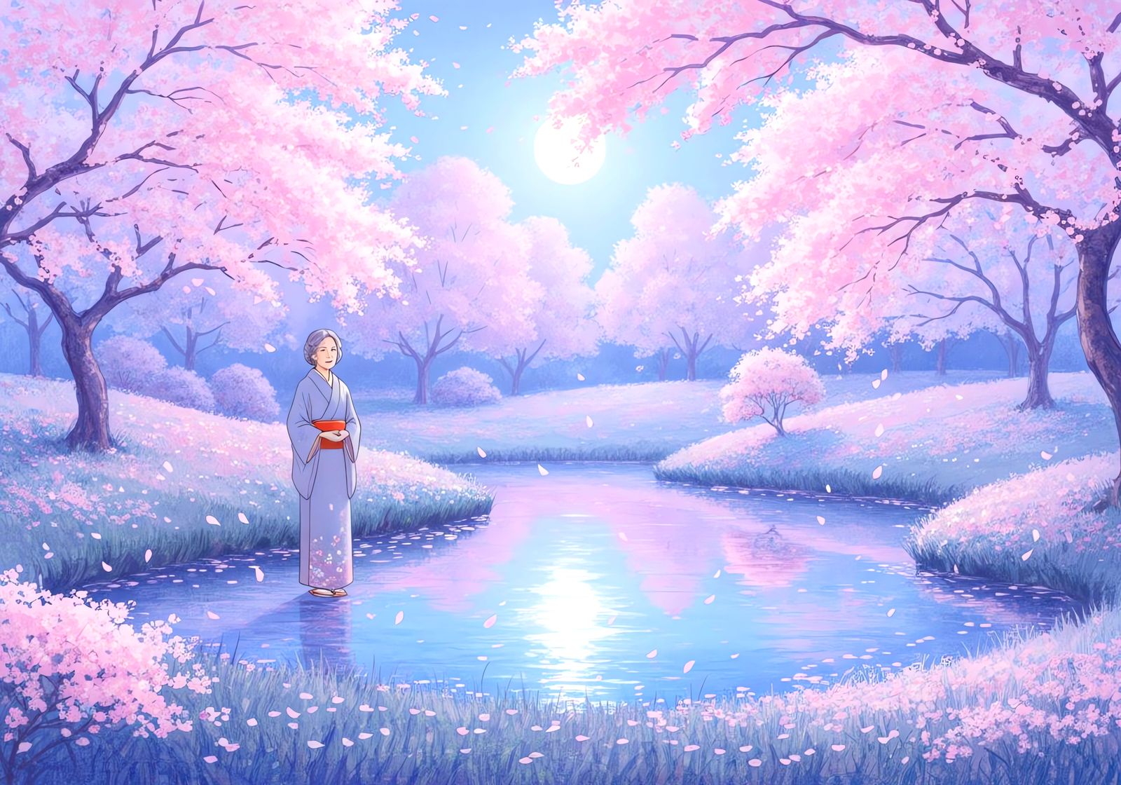 Moonlit Cherry Blossom Garden in Impressionistic Style
