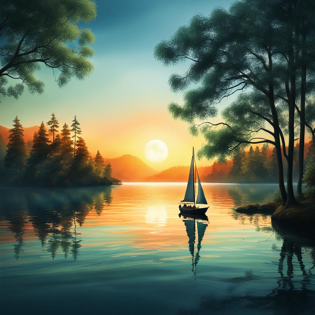 Serene Sunset Sailboat on Still Ocean