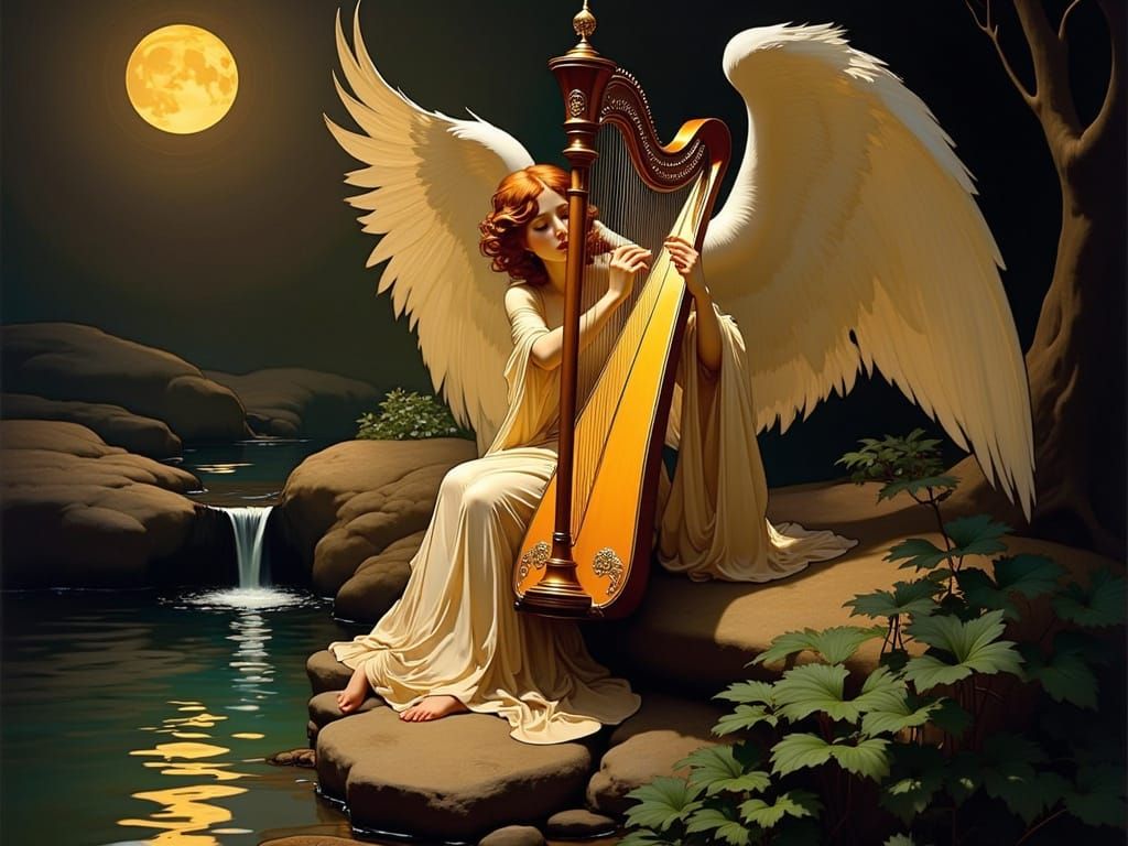 Angel Plays Harp near Gentle Stream in Art Nouveau Style
