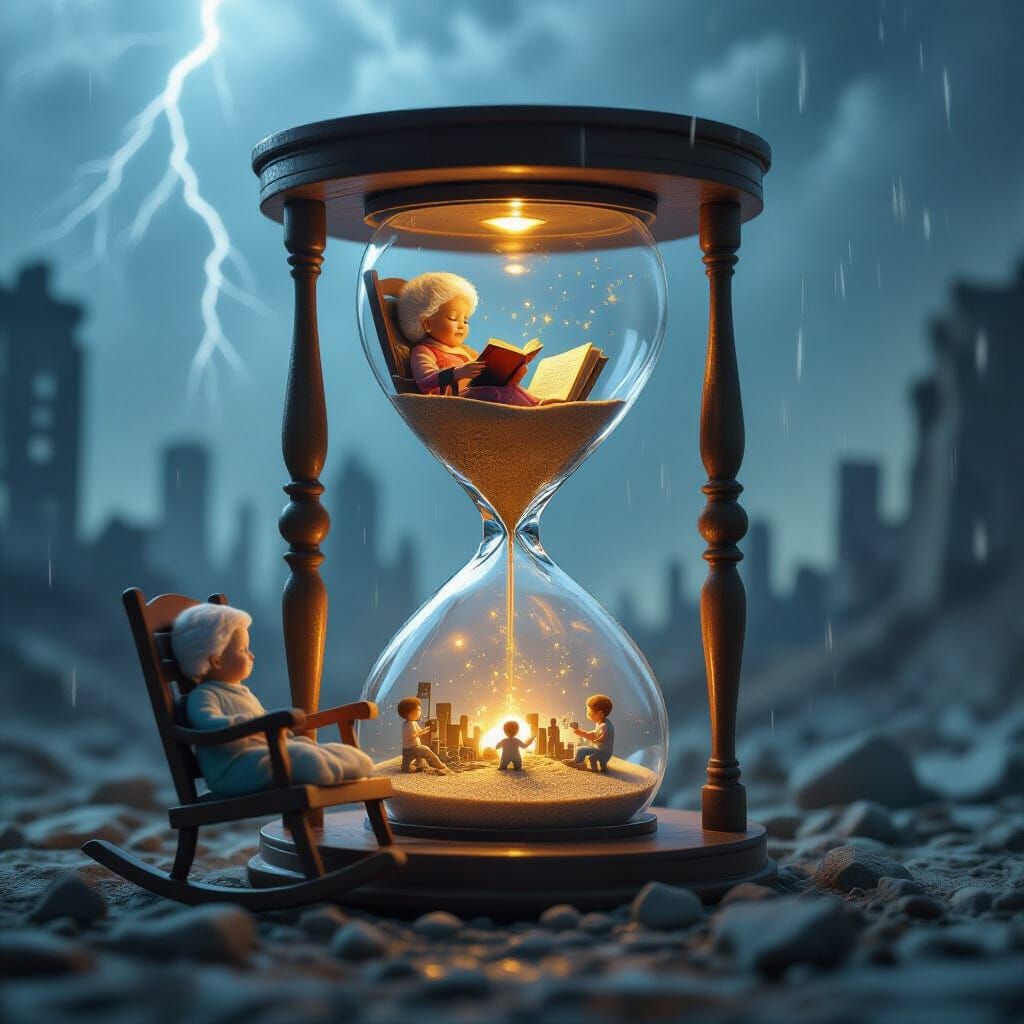 Miniature Hourglass Scene: Grandma's Futuristic Dream