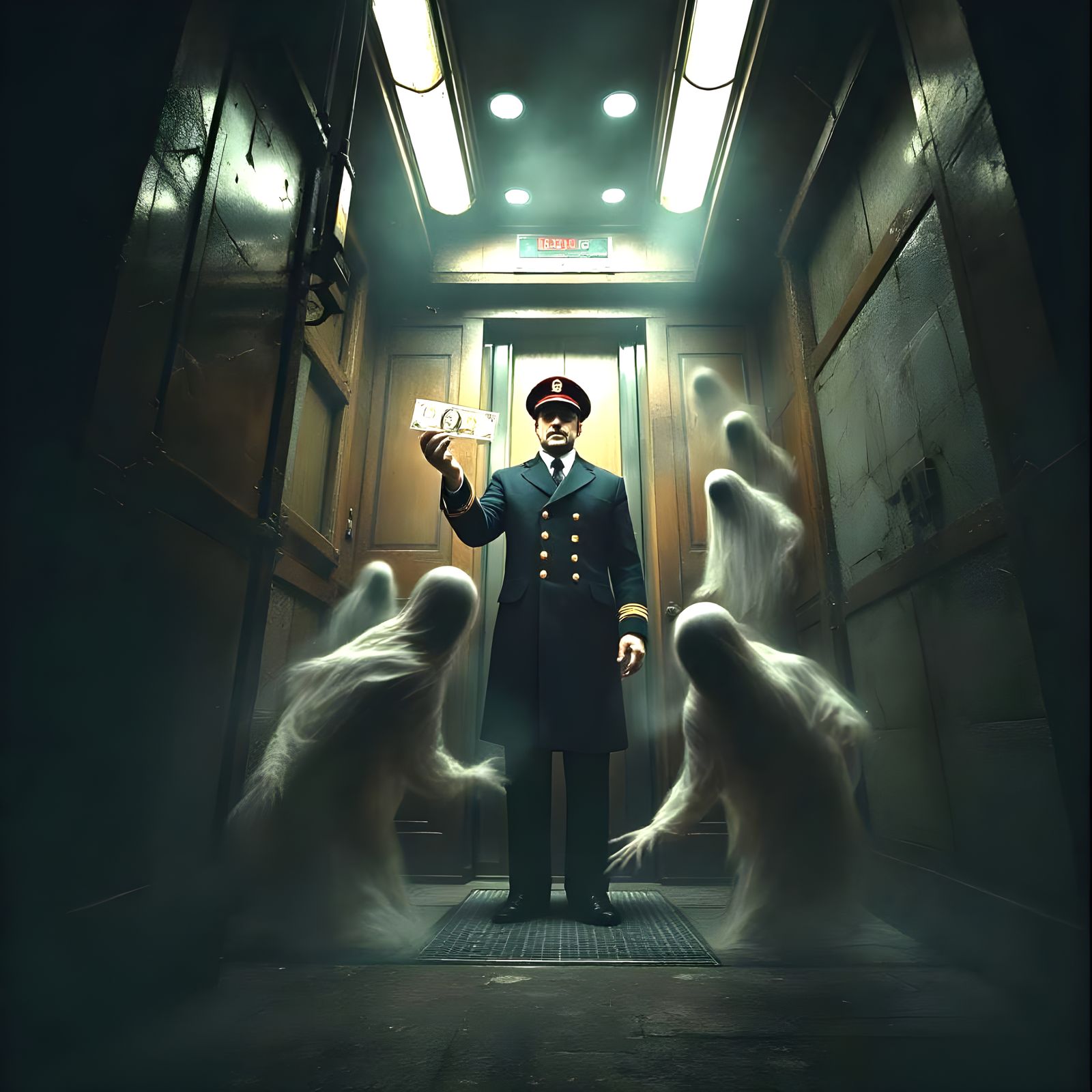 Eerie Elevator with Ghostly Passengers: Photorealistic Scene