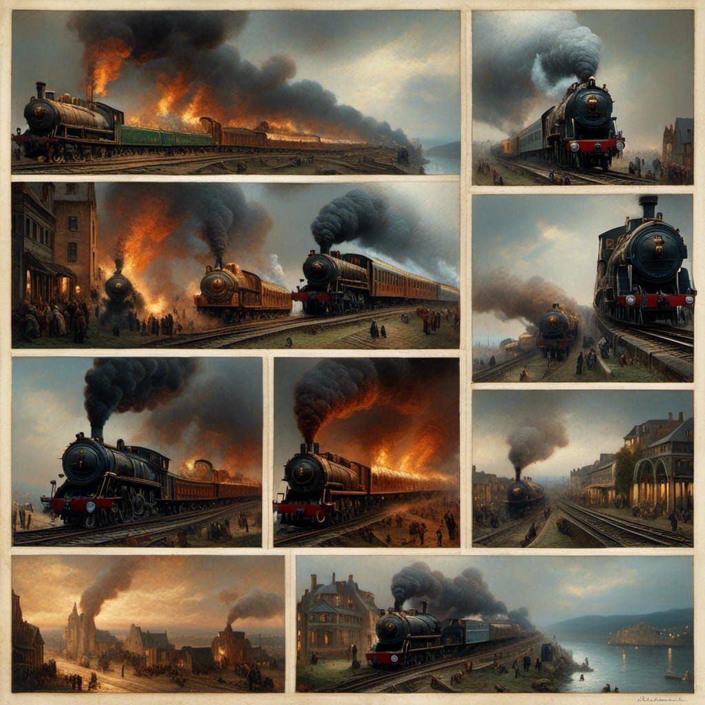 Trains in Comic Book Style Oil Painting
