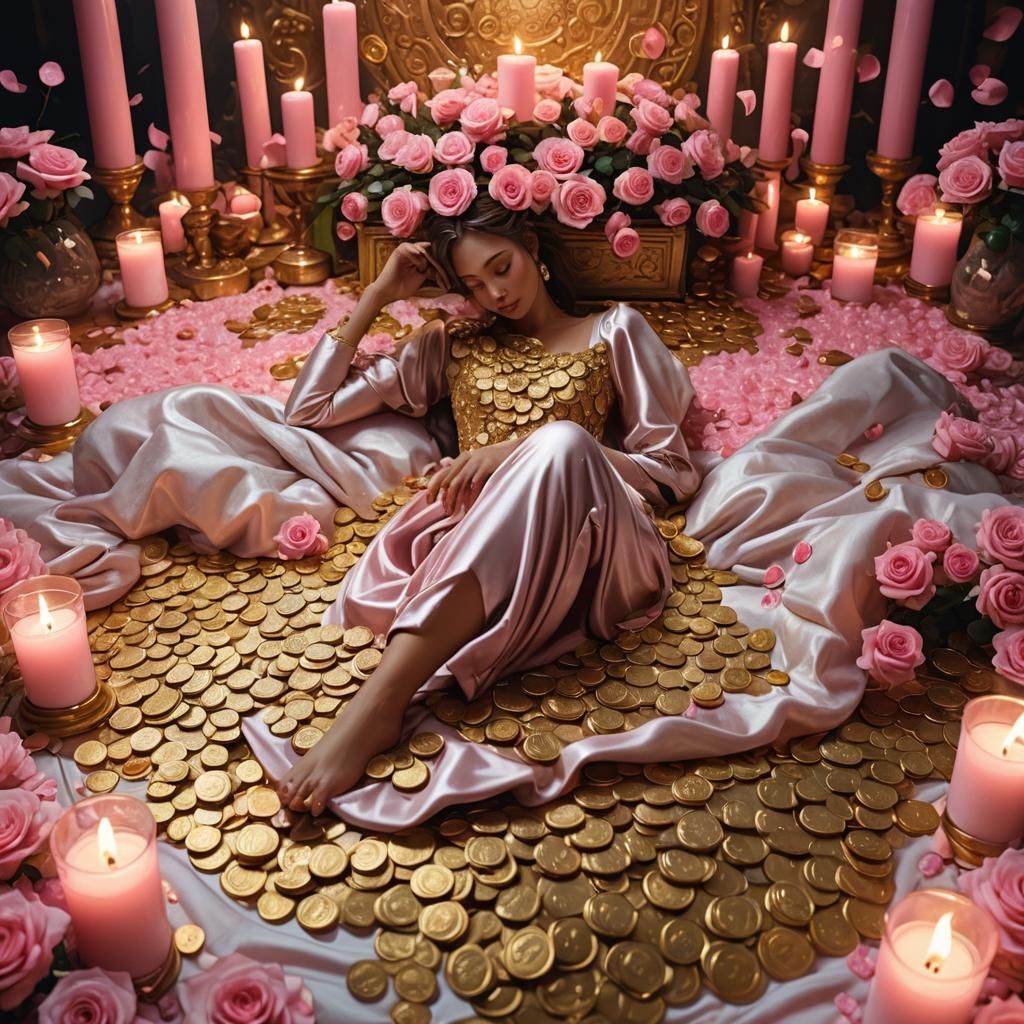 Fantasy Art: Person Lounging on Gold with Pink Candles