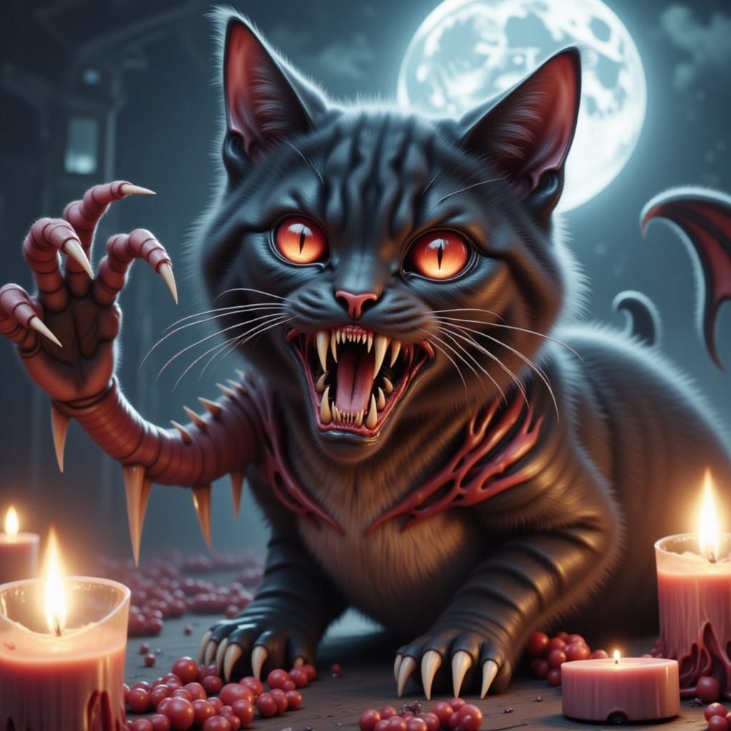 Fantastical Black Cat with Bat Wings and Glowing Eyes