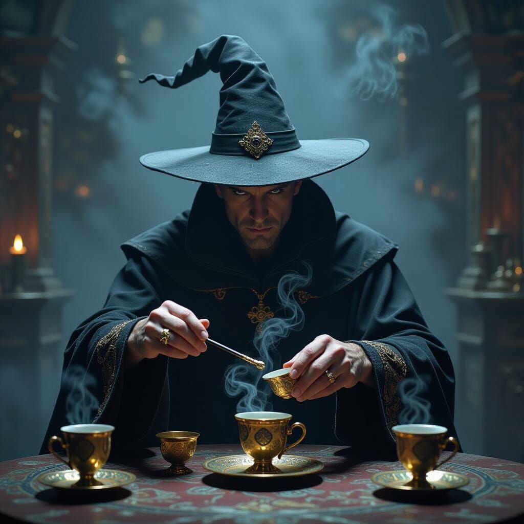 Evil Magician's Mystical Cup Trick in Dark Fantasy Style