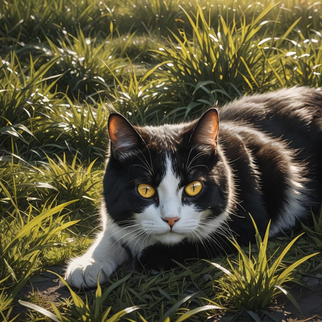 Black and White Cat in Sunlit Grass: Matte Painting