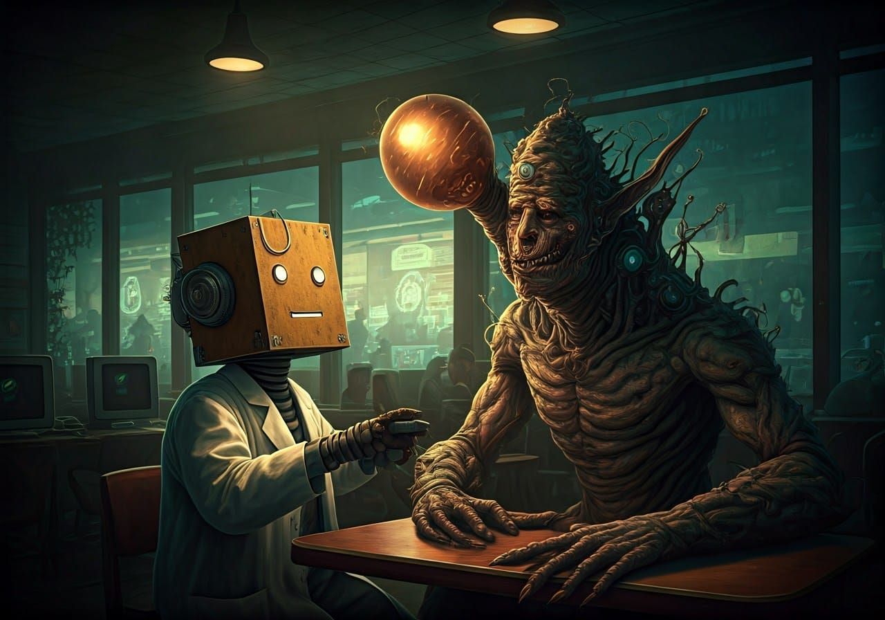 Robotic Creator of Monstrous Humanoid in Bustling Cafe