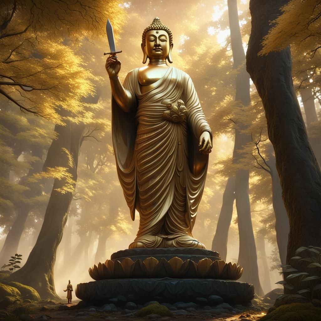 Gold Buddha Statue with Knife in Forest, Detailed Art