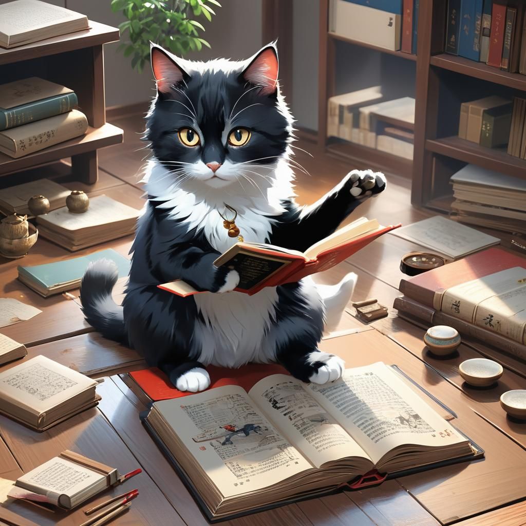 Cat Plays with Textbook in 3D Anime Art