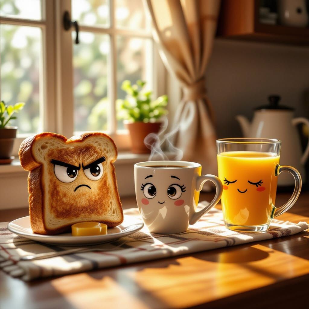Whimsical Breakfast Scene with Expressive Food