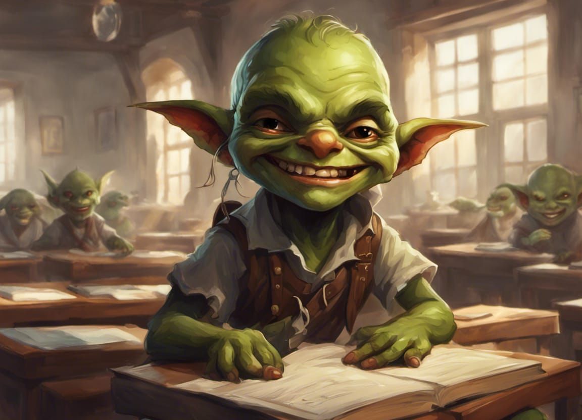 Grinning Goblin in School Classroom
