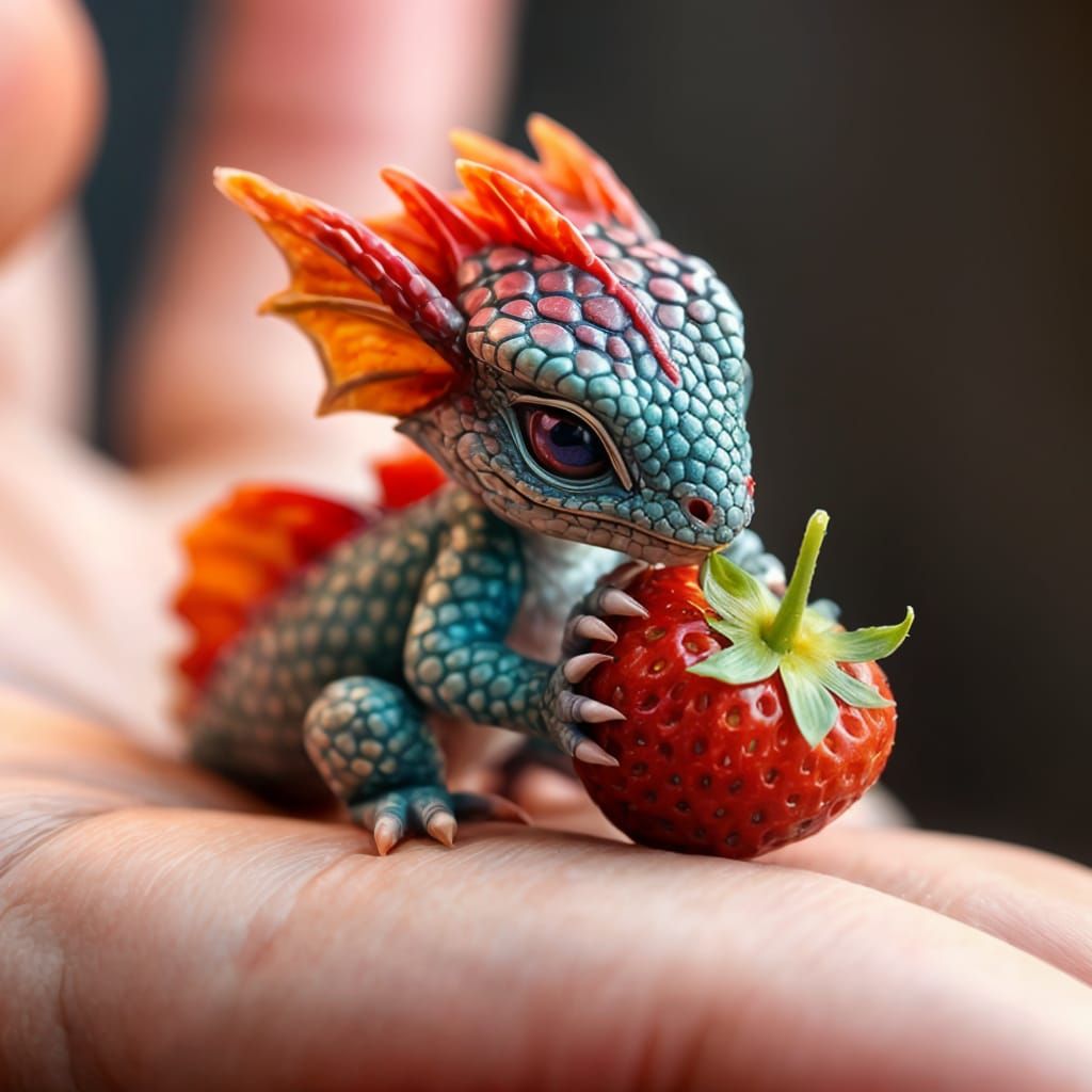 Whimsical Baby Dragon Plucks Sweet Strawberry