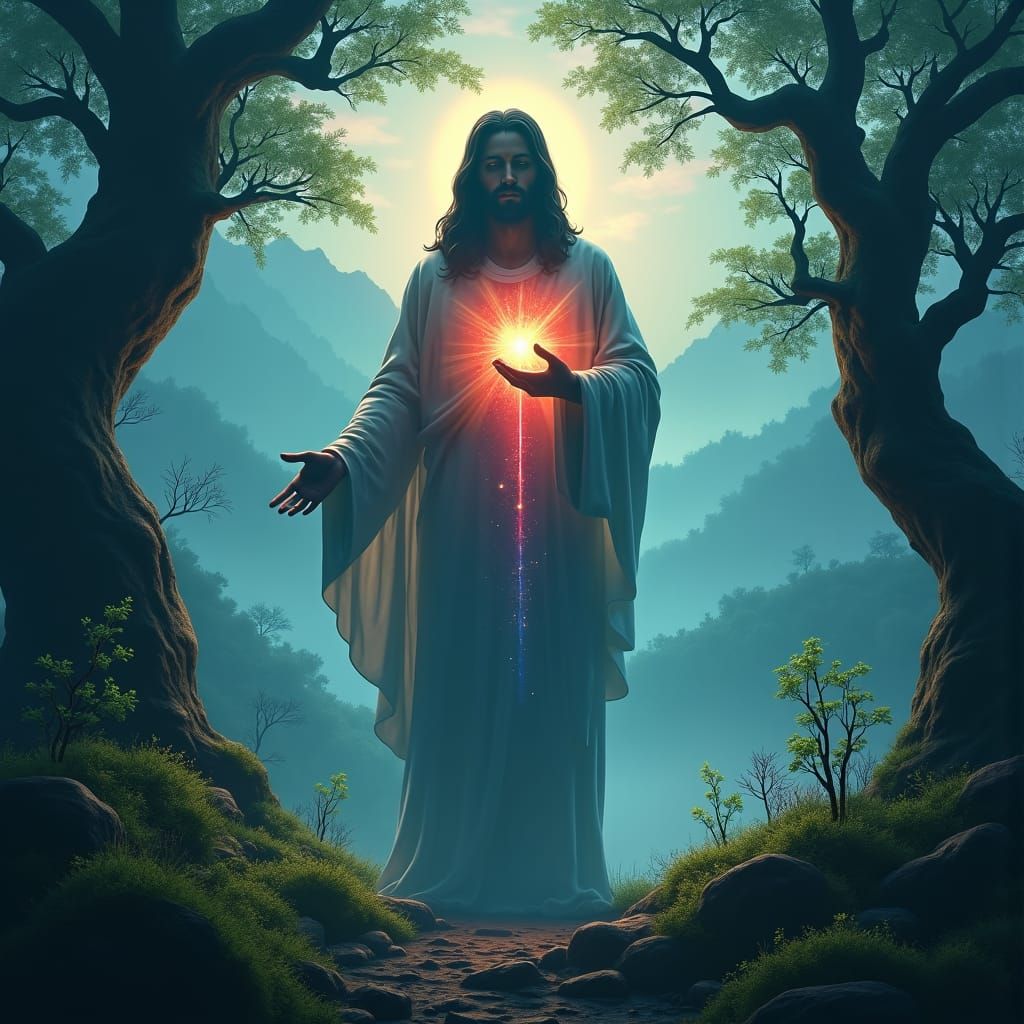 Jesus Silhouette with Cosmic Nebula in Misty Forest