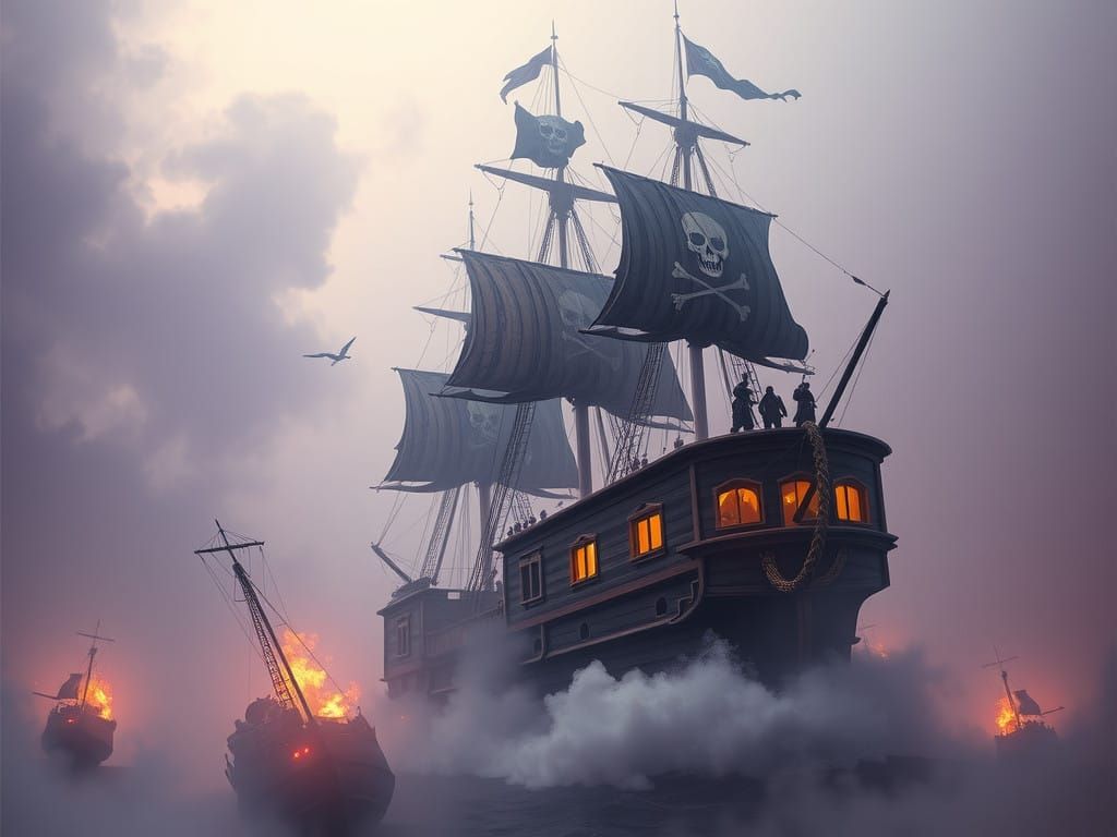 Ancient Pirate Ship Rises from Fog in Dark Fantasy Battle