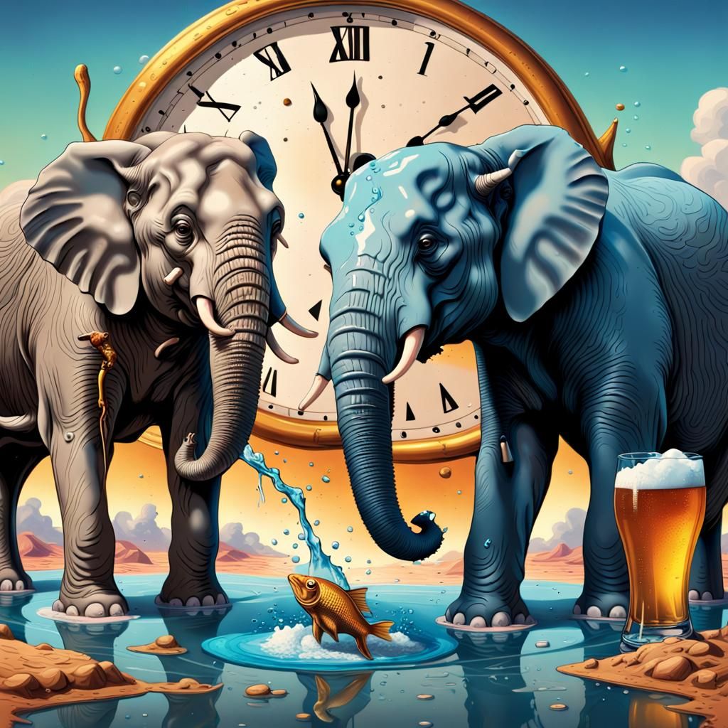 Surreal Scene with Elephants and Melting Clock