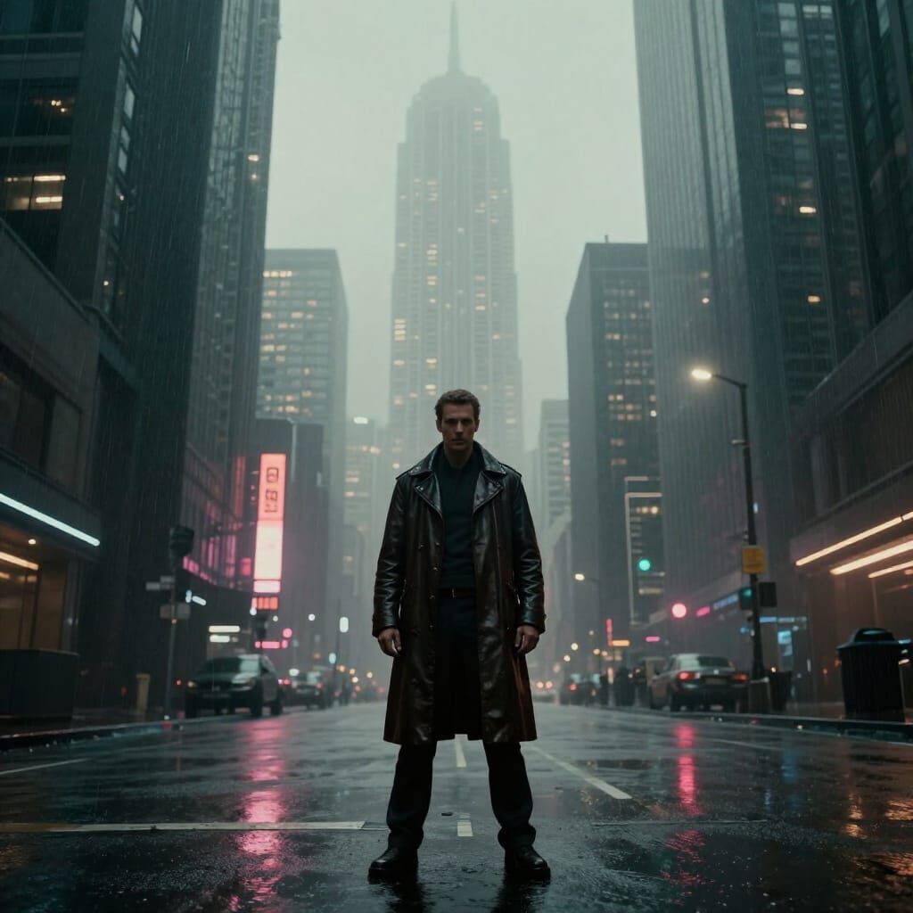 Cyberpunk Figure on Neon Street in Dramatic Light