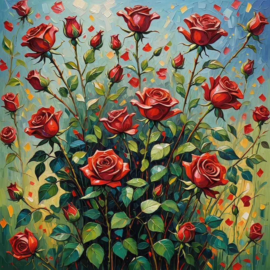 Red Rose in June: Neo-Impressionist Oil Painting