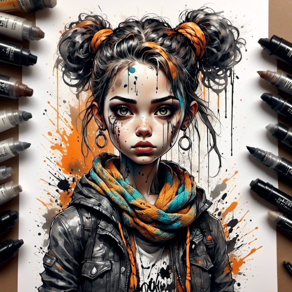 Punk Girl Portrait with Ink Tattoo Sketch Elements