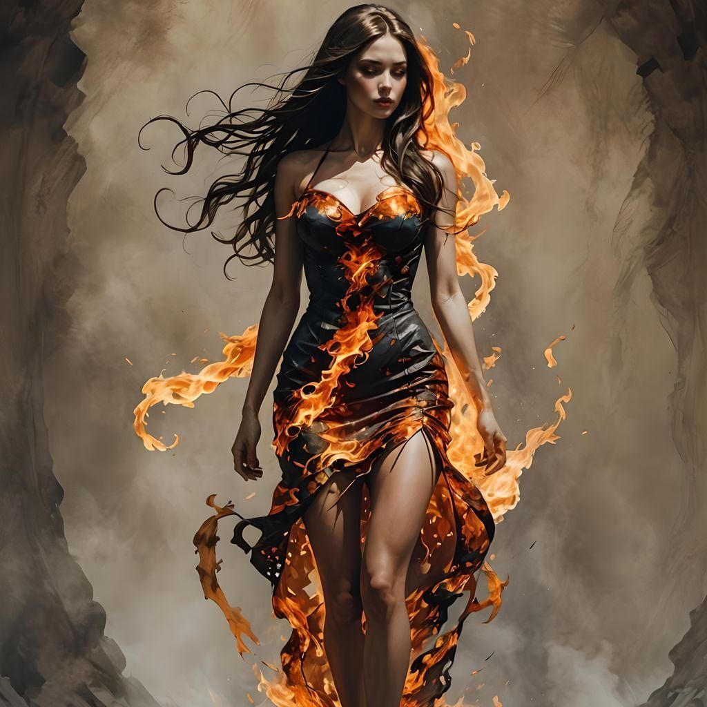 Gorgeous Girl in a Dress Made of Fire