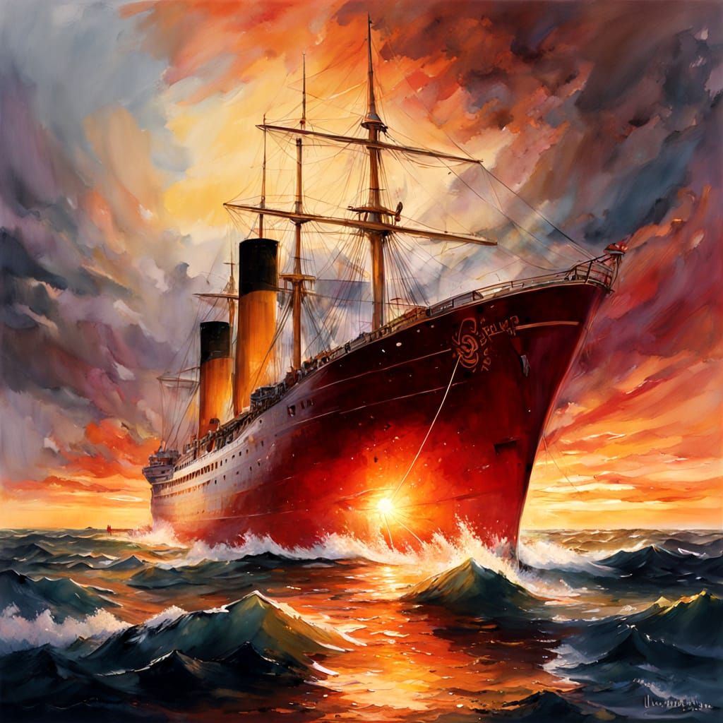 Grand Ship Sails Crystalline Ocean: Watercolor Art