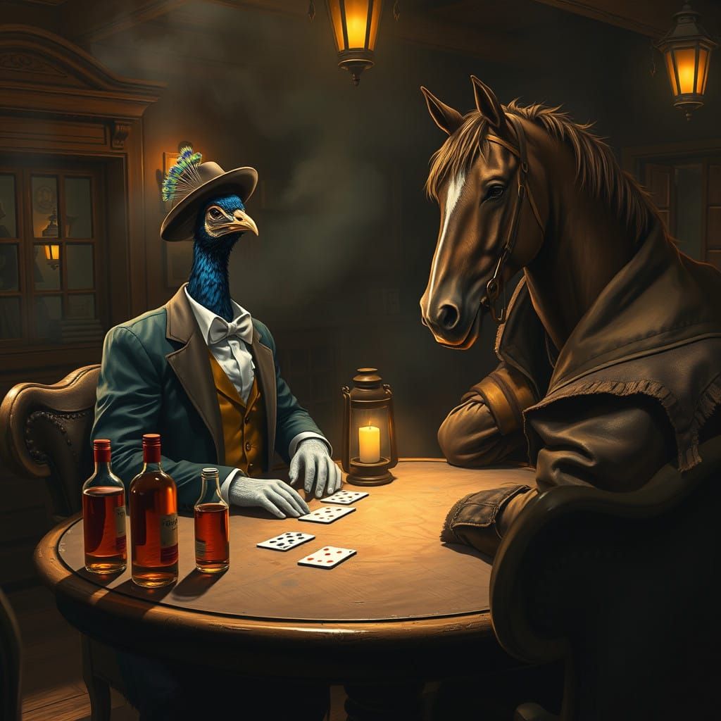 Peacock Poker Showdown in a Smoke-Filled Saloon