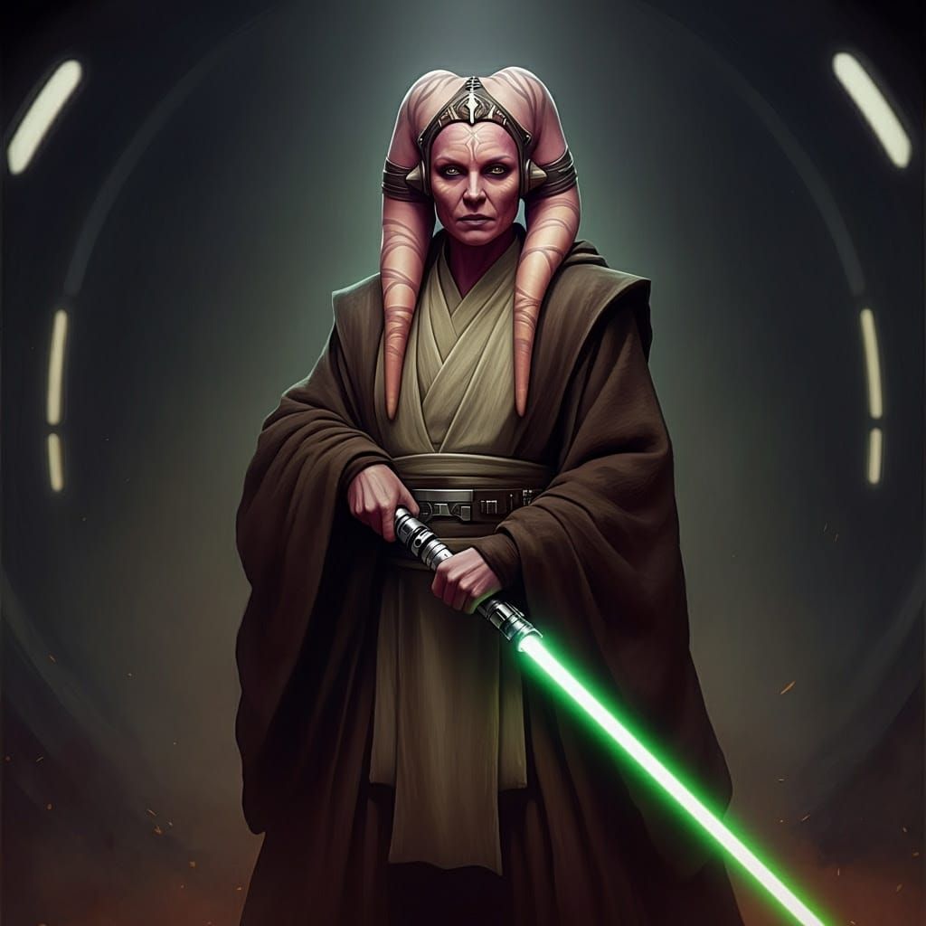 Mature Twi'lek Jedi Master in Earth-Toned Robes, Wielding Gr...