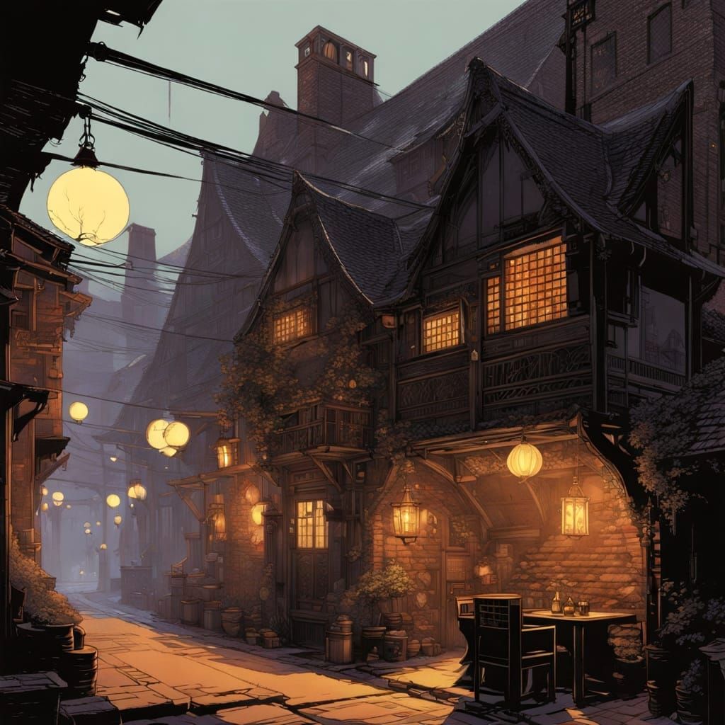 Medieval Fantasy Tavern Alley with Warm Lighting