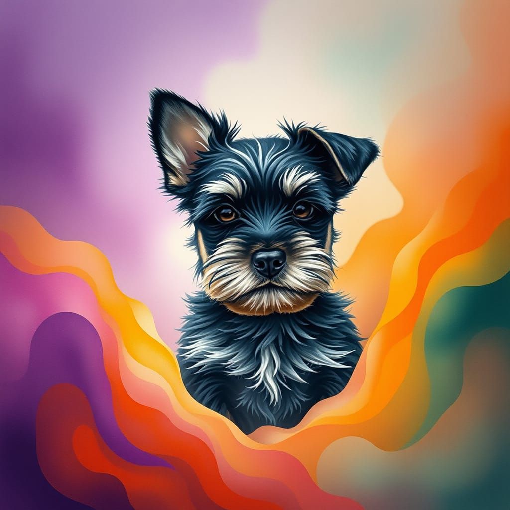 Miniature Schnauzer Puppy in Watercolor Dreamscape