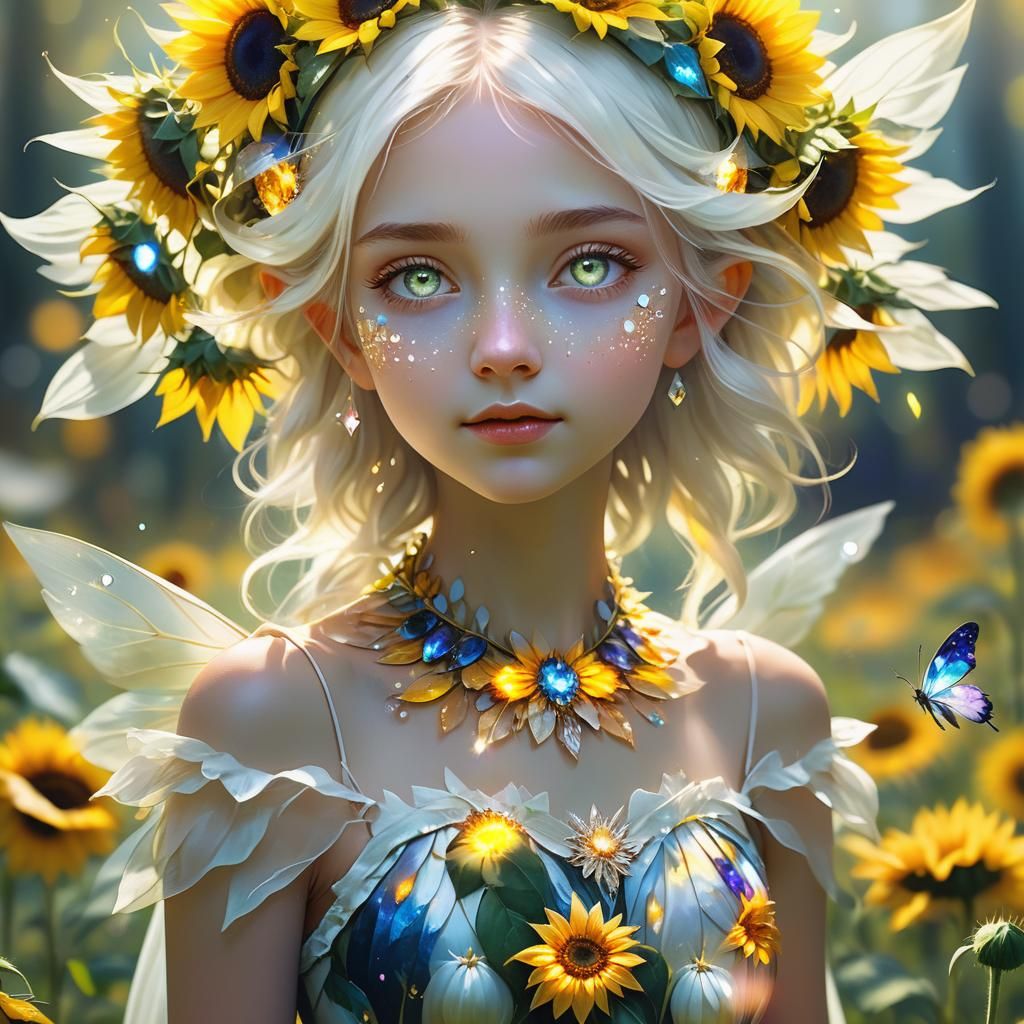 Sunflower Fairy in Lush Meadow: Fantasy Art