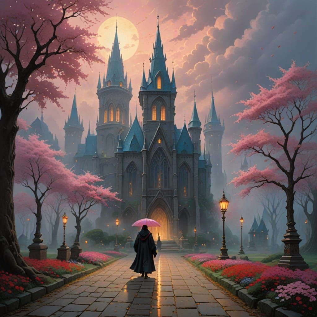 Fantasy Pathway to Gothic Spires Under Golden Lamps